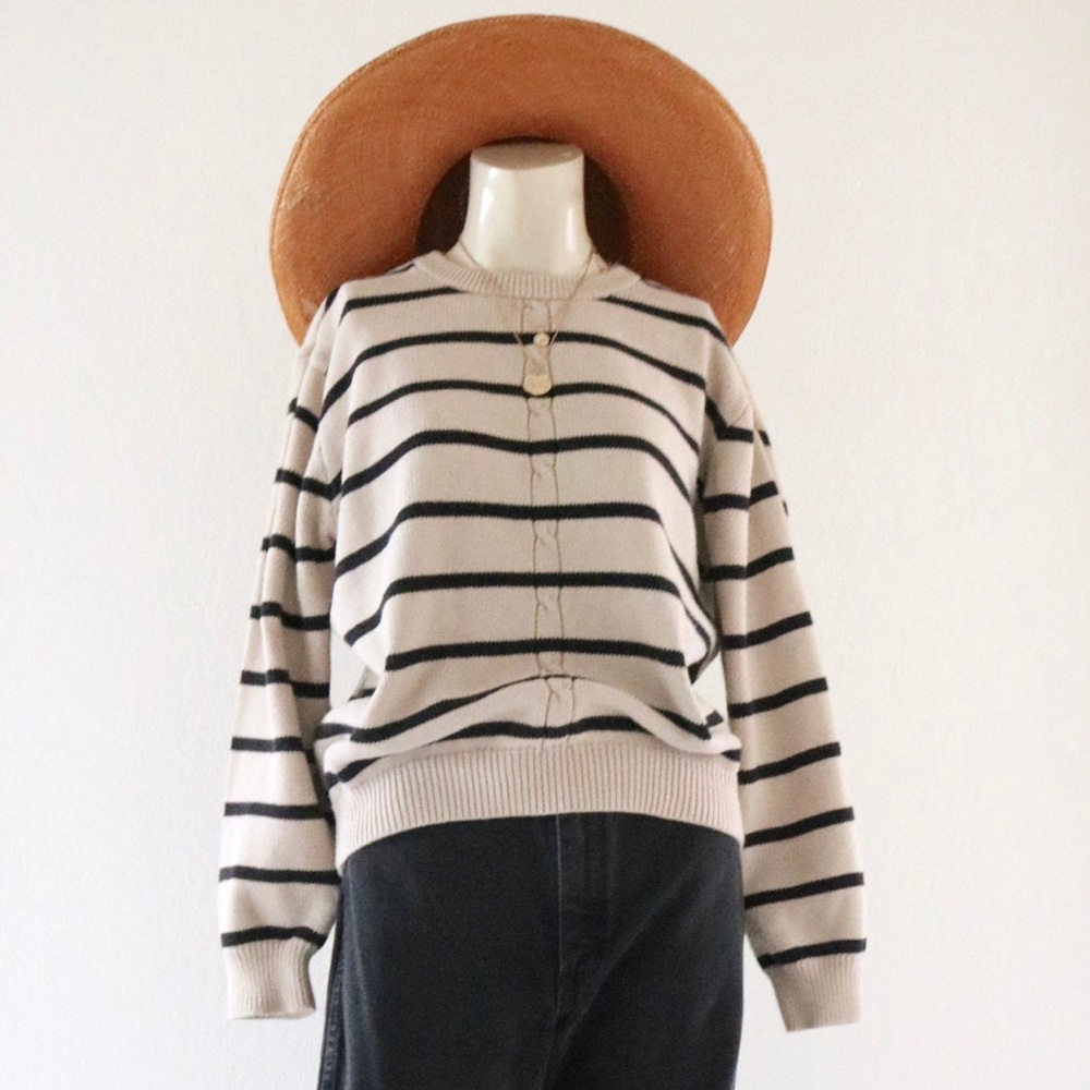 Vintage striped cotton knit sweater ivory black stripe crewneck nautical Small